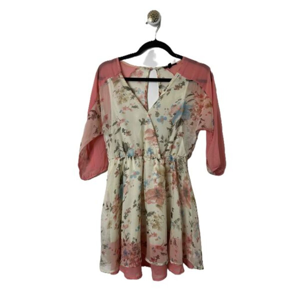 TCEC Dress Womens Size Small Apricot Wrap Chiffon Floral 3/4 Sleeve Mini